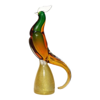 Vintage Murano Sommerso Orange Green Gold Flecks Italian Art Glass Tall Pheasant Bird Figure Sculpture For Sale