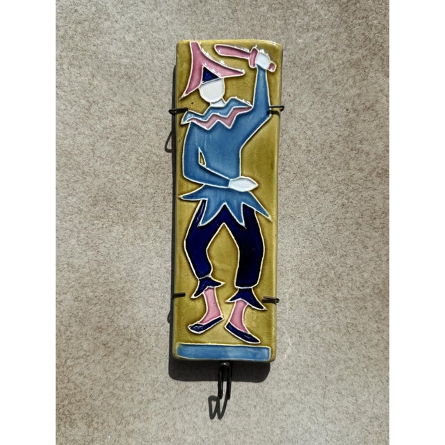 Signed Harlequin Relief Tile in Ceramic with Metal Hook, Italy, 1950s For Sale - Image 10 of 11