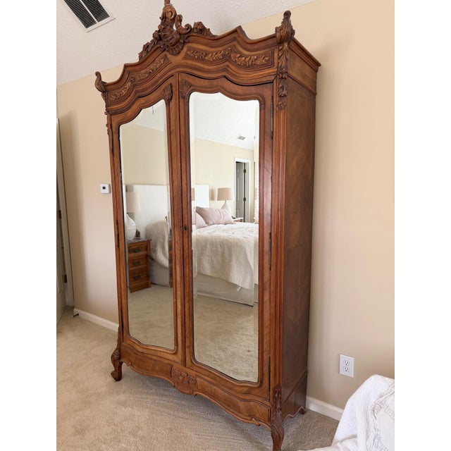 French 19th Century French Louis XV Style Walnut Armoire With Beveled Mirror Doors, Circa 1880 For Sale - Image 3 of 17