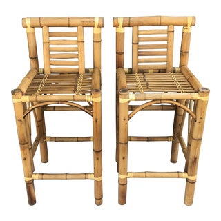 Boho Chic Chunky Bamboo Bar Stools- A Pair For Sale
