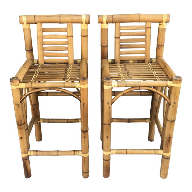 Boho Chic Chunky Bamboo Bar Stools A Pair Chairish