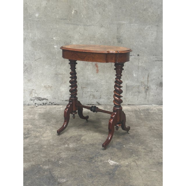 Mid 19th Century 19th C English Burl Walnut Sewing Table Barley Twist Legs 1857 For Sale - Image 5 of 15