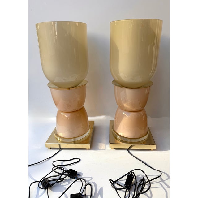 Mid-Century Modern Contemporary Brass and Pink Powder Murano Glass Cup Lamps - Pair For Sale - Image 3 of 12