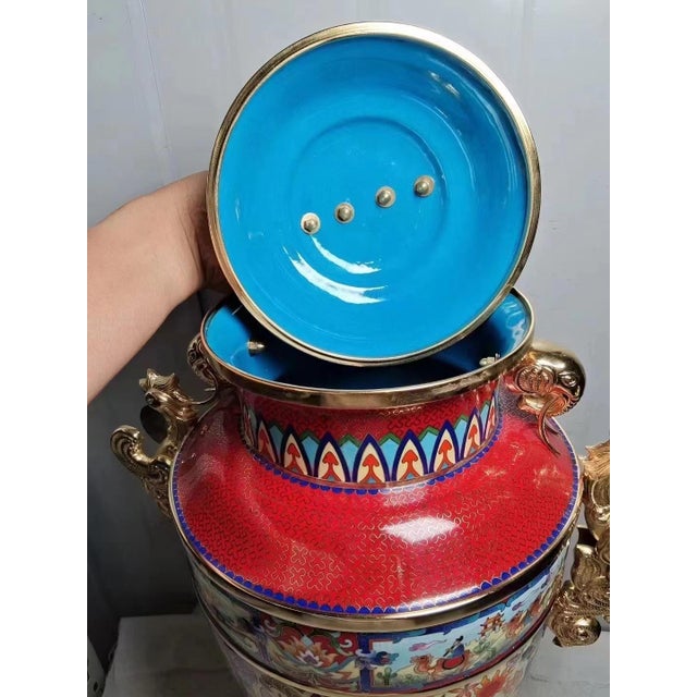 Monumental Chinese Cloisonné Peace Vase | Master-Designed Gilt Dragon Handles With Box For Sale - Image 9 of 12