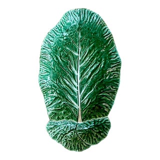 Vintage Portuguese 'Bordallo Pinheiro' Majolica Extra Large Glazed Ceramic Cabbage Leaf Chip & Dip Platter For Sale