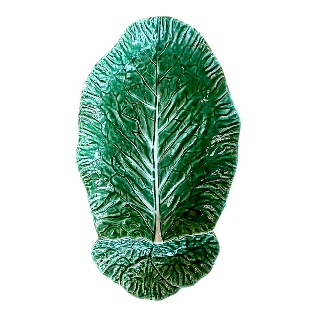 Vintage Portuguese 'Bordallo Pinheiro' Majolica Extra Large Glazed Ceramic Cabbage Leaf Chip & Dip Platter For Sale