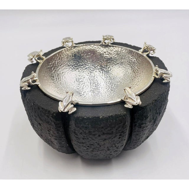 Mexican 1980s Emilia Castillo Frog-Accented Silver Bowl on Volcanic Rock Base, Mexican Modern For Sale - Image 3 of 15