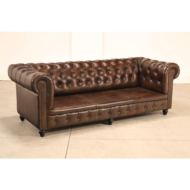 Traditional Chesterfield Style 7 Foot Espresso Brown Tufted Leather Sofa For Sale - Image 3 of 16
