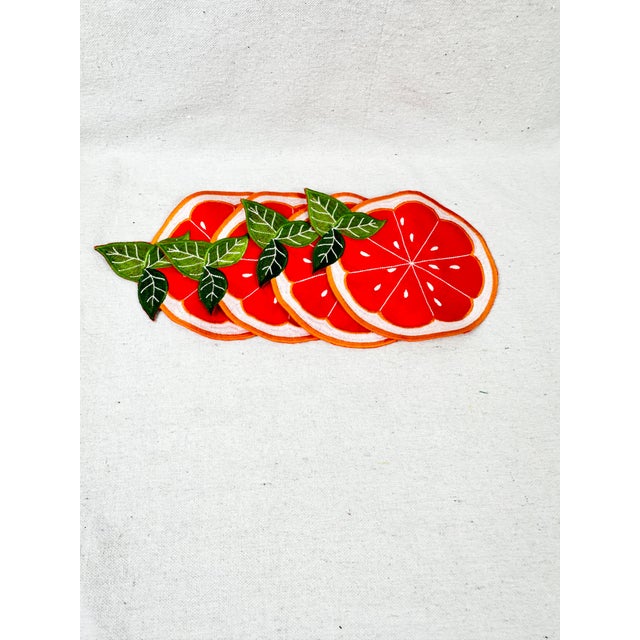 Pop Art Orange Fruit Embroidered Linen Cocktail Napkins-Set of 4 For Sale - Image 3 of 6