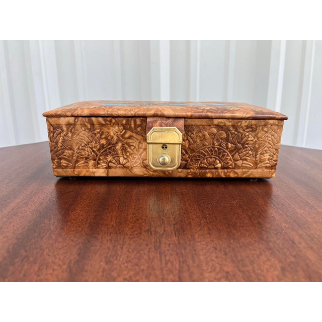 Mid 20th Century Egyptian Revival Embossed Leather Jewelry Box For Sale - Image 5 of 12