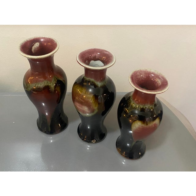 Vintage flambe vases. Origin unknown. Possibly Chinese mid/late 19th Century. Some imperfections and blemishes. Small chip...