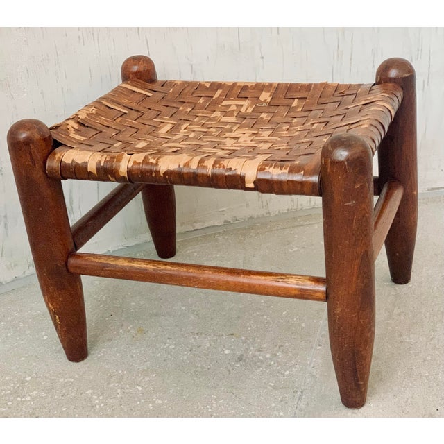 Vintage Mid-Century Hand Woven Wood Foot Stool, Ottoman For Sale - Image 11 of 12