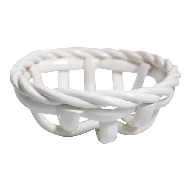 1980s Italian Ceramic Basket Serving Bowl in White For Sale