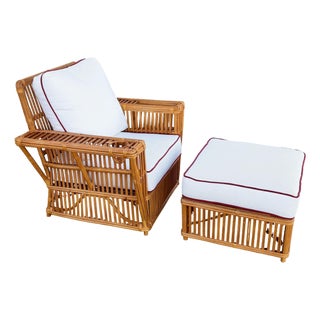Art Deco Presidents Stick Reed Rattan Nantucket Lounge Armchair & Ottoman Set For Sale