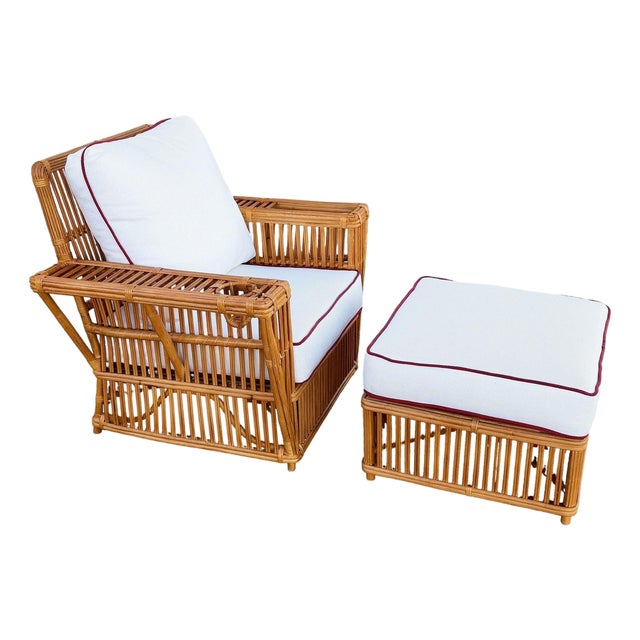 Art Deco Presidents Stick Reed Rattan Nantucket Lounge Armchair & Ottoman Set For Sale