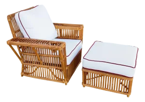 Art Deco Presidents Stick Reed Rattan Nantucket Lounge Armchair & Ottoman Set