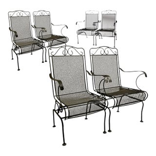 Vintage 1990s Hi-Back Black Cast Iron Mesh Coil Sprung Rocking Arm Chairs - Set of 6 For Sale