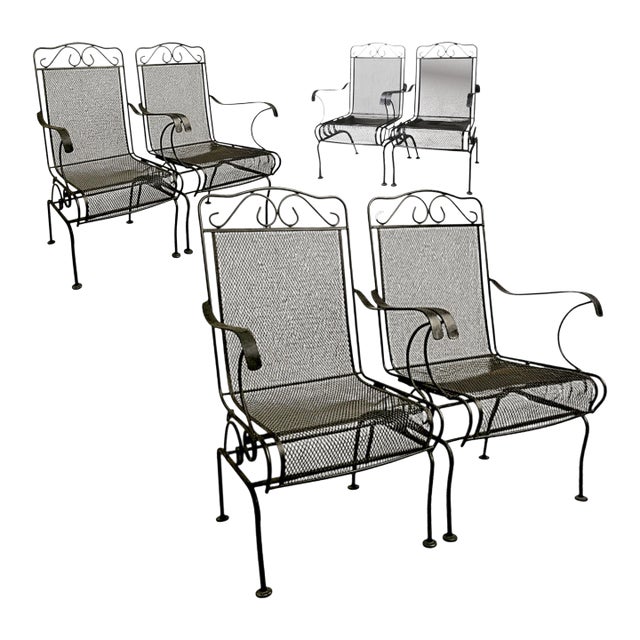 Vintage 1990s Hi-Back Black Cast Iron Mesh Coil Sprung Rocking Arm Chairs - Set of 6 For Sale