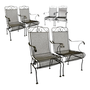 Vintage 1990s Hi-Back Black Cast Iron Mesh Coil Sprung Rocking Arm Chairs - Set of 6
