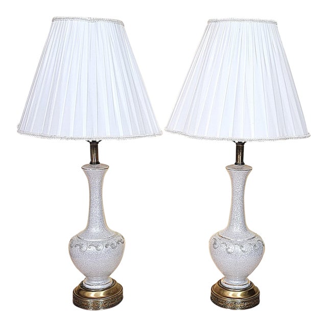 Mid 20th Century Pair of Vintage White Crackle-Glaze Table Lamps With Pleated Shades – 35” For Sale