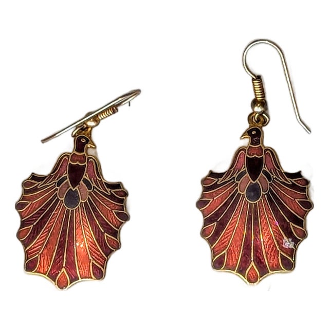 Vintage Cloisonné Art Deco Style Phoenix Dangling Earings, A Pair For Sale