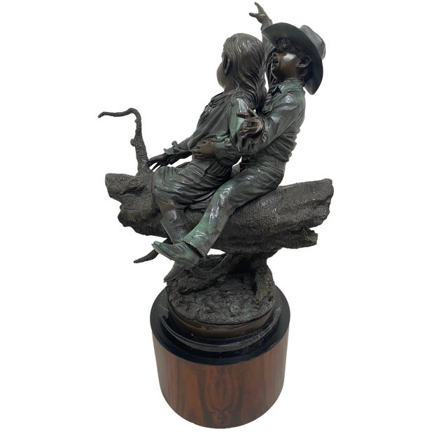 1980s Monumental Signed Bronze Figurative Sculpture of Children by J. Davidson on Marble & Rosewood Pedestal For Sale - Image 13 of 15