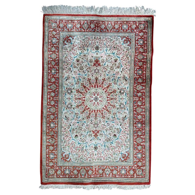 Small Vintage Silk Qom Rug, 2000s For Sale