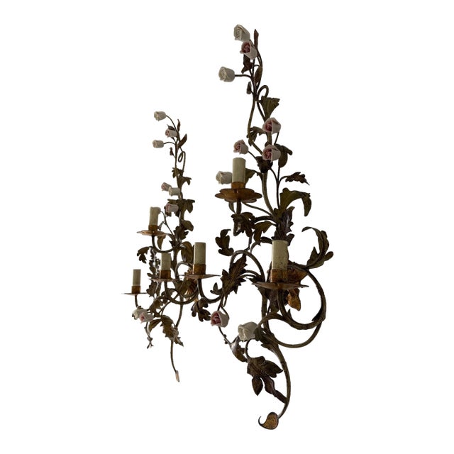 Big Wrought Iron Sconces 3 Lights Roses in Pink & White, C 1900 For Sale