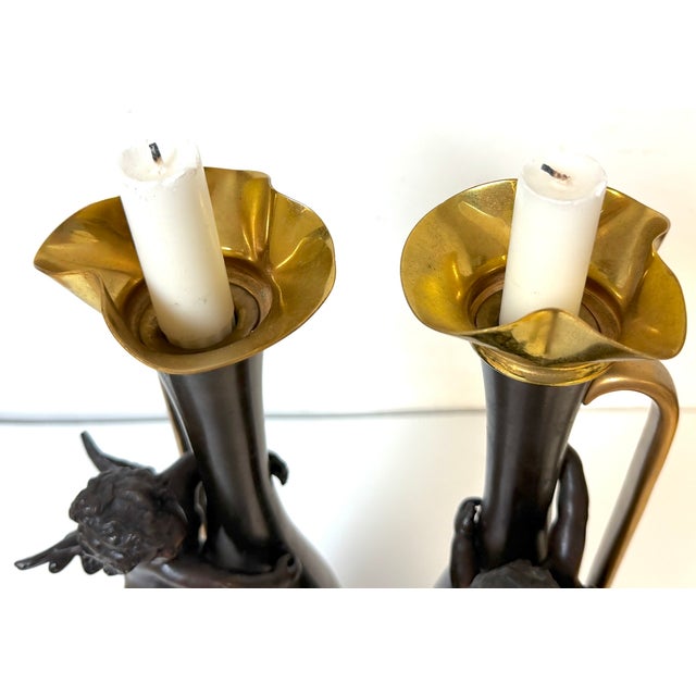 Pair 19th C. Gilt & Patinated Metal Cupid Candlesticks, After Auguste Moreau For Sale In West Palm - Image 6 of 12