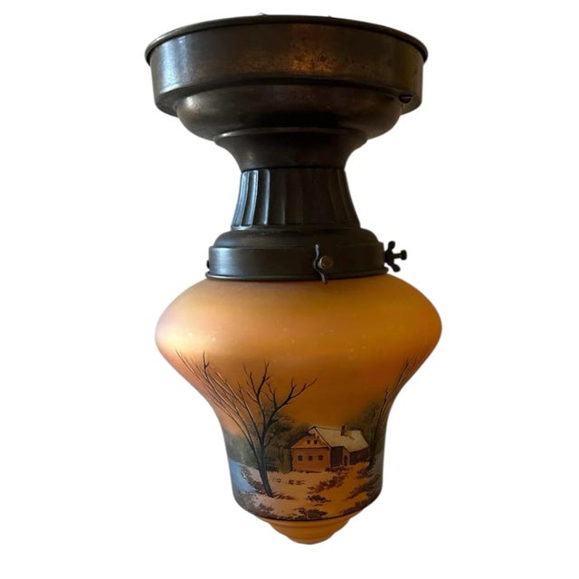 This whimsical hand painted pendant would be perfect for any mountain home or lake house. The rare brass holder of...