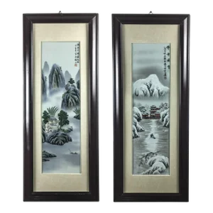 Framed Artist Signed Vintage Paintings on Porcelain - a Pair