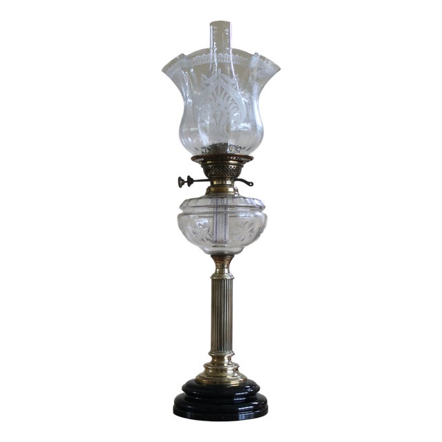 Art Nouveau Oil Lamp with Hand Blown, Etched Glass Shade and Duplex Burner, 1890s For Sale
