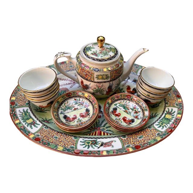 Vintage Chinese Hand Painted Porcelain Rooster Chinoiserie Motif 14 Piece Tea Set For Sale