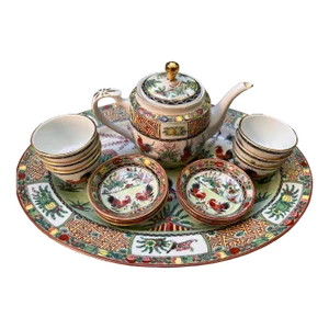 Vintage Chinese Hand Painted Porcelain Rooster Chinoiserie Motif 14 Piece Tea Set