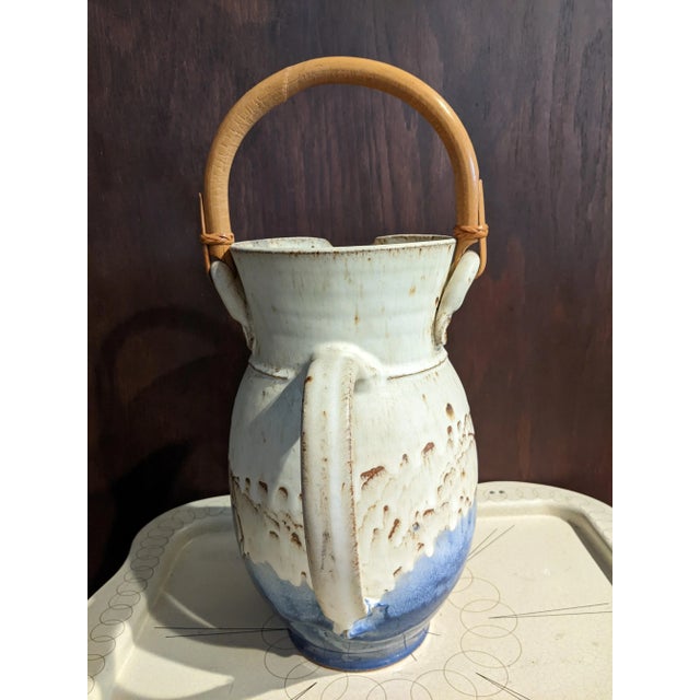 Rustic Late 20th Century Handcrafted Neutral Beige & Blue Studio Pottery Pitcher with Bamboo Handle For Sale - Image 3 of 10