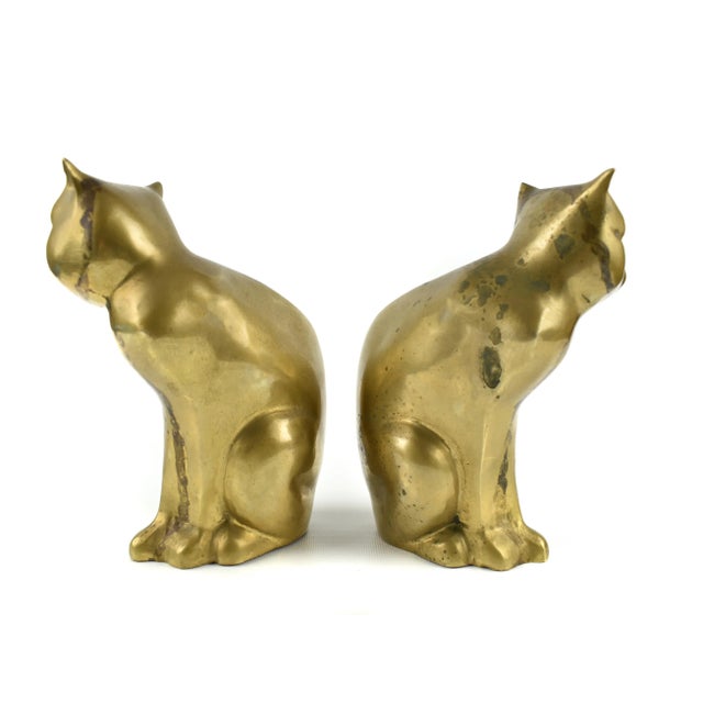 Mid-Century Modern Mid-Century Brass Sitting Cat Figurine Bookends - a Pair For Sale - Image 3 of 9