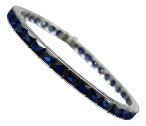 Mid 20th Century Platinum (950) Lab Created Top Quality Sapphire Grench Cut: Tennis Bracelet