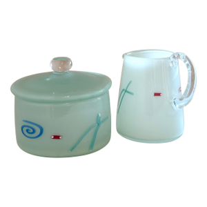 Vintage 1989 Fineline Studio (Kerry Feldman) Art Glass Creamer and Sugar Vessel With Lid Set