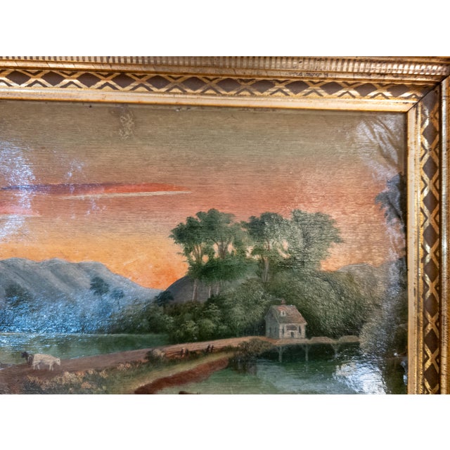 Orange 19th Century Luminist Folk Art Landscape Painting With Sunset For Sale - Image 8 of 17