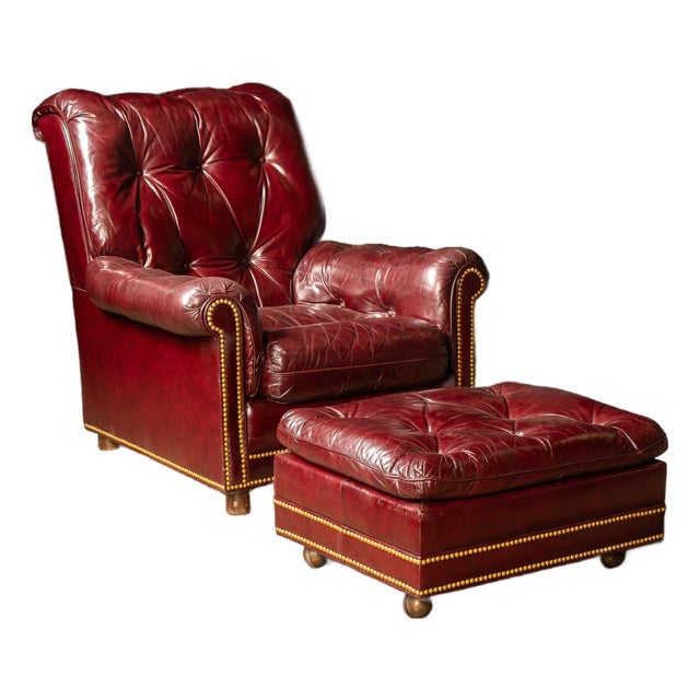 Vintage Tufted Leather Chesterfield Armchair and Ottoman Set in Burgundy For Sale