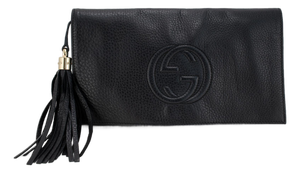 Gucci Soho Gg Black Pebbled Calfskin Leather Tassel Flap Clutch Bag