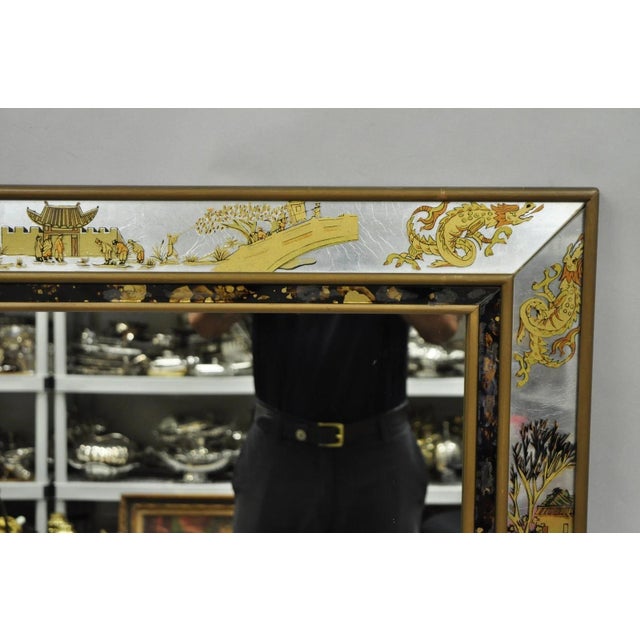 Vintage Chinoiserie Figural Eglomise Reverse Painted Oriental Wall Mirror For Sale - Image 4 of 18
