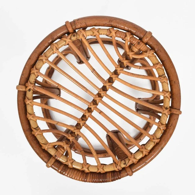 Mid-Century Italian Modern Rattan & Bamboo Round Stool, 1960s For Sale - Image 3 of 18