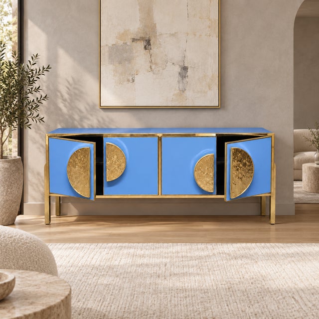 Cornflower Blue Italian Sideboard in Murano Glass and Brass from Justfurnituress SRL For Sale - Image 9 of 10