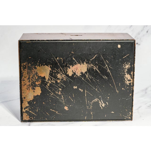 Amazing Antique Painted Faux Wood Metal Lock Strong Box With Key Home Office Decor For Sale - Image 16 of 16
