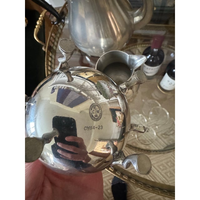 Silver Vintage Pewter Tea or Coffee Service Set- Pitcher and Cream and Sugar- 3 Pieces For Sale - Image 8 of 12