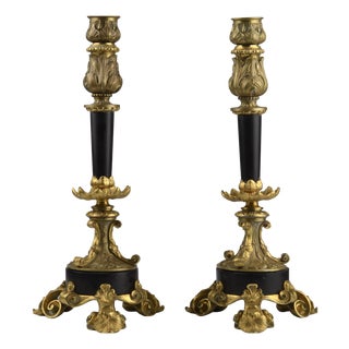 Antique French Gilt Bronze and Marble Candlesticks, 1890s, Set of 2 For Sale