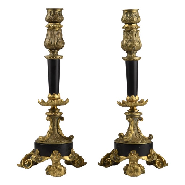 Antique French Gilt Bronze and Marble Candlesticks, 1890s, Set of 2 For Sale
