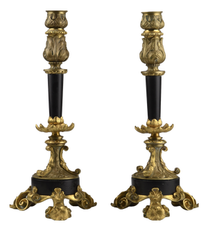 Antique French Gilt Bronze and Marble Candlesticks, 1890s, Set of 2