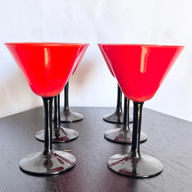 Art Deco Art Deco Red Cup and Black Stem Glasses - 6 Pieces For Sale - Image 3 of 6